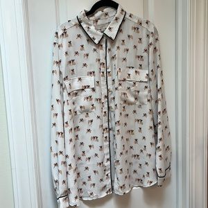 Loft off white pug blouse with cuff, long sleeves, black piping